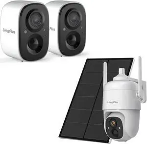 LongPlus 3 Pack Wireless Outdoor Security Camera + PTZ Solar Powered Outdoor Cameras for Home Security, Wireless WiFi Camera with AI Detection, Color Night Vision,Spotlight,2 Way Audio,Only2.4Ghz