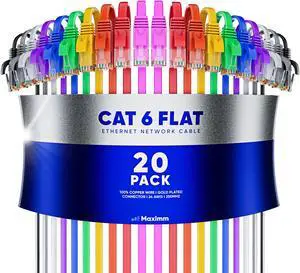 Cat6 Ethernet Cable 1.5ft, 20-Pack Multicolor - Flat High-Speed Network Cables for Gaming, Streaming, Router, Modem, PC, PS5, Xbox - Durable & Space-Saving Design