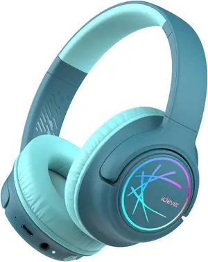 iClever Kids Bluetooth Headphones with LED Lights, BTH18 Safe Volume 74/85dBA, 43H Playtime, Bluetooth5.3 Kids Headphones Wireless Aux Cord for iPad/Tablet/Travel/School, Green
