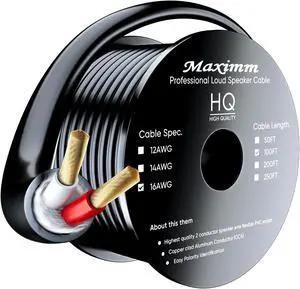 Maximm in Wall Speaker Wire - 100 Feet, Black - 16AWG CL3 Rated 2-Conductor Wire 16/2 (Copper Clad Aluminum)