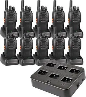 Retevis H-777 2 Way Radios (10 Pack) Bundle with Six-Way Charger (1 Pack), Walkie Talkies for Adults, Rechargeable Long Range Two Way Radio, Shock Resistant, Short Antenna for Business Education