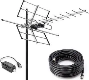 PBD Outdoor Digital Amplified Yagi HDTV Antenna, Built-in High Gain and Low Noise Amplifier, 40FT RG6 Coaxial Cable, 120 Miles Range with UHF and VHF Signal
