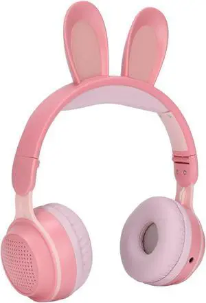 Foldable Bluetooth 5.0 Headphones with Microphone Cute Rabbit Ear Over Ear Headphones for Green Kids Teens Adults, 12 Hours of Listening Time, TF/Aux, Built in 7