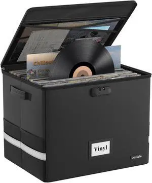 DocSafe Fireproof Vinyl Record Storage Box with Lock,Large Record Organizer Storage for 150+ Single Records,Collapsible Storage Crate with Lid&Handles for Valuable Album Collection,16.1''x13''x13''