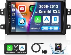 CAMECHO 2+64G Android 13 Car Stereo for Suzuki SX4 2006-2013 Wireless Apple CarPlay Android Auto 9 Inch Touchscreen Hi-Fi Audio Bluetooth FM/RDS Mirror Link GPS WiFi USB SWC+Backup Camera Mic