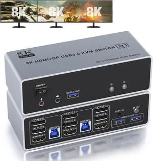 KVM Switch 3 Monitors 2 Computers 8K@60Hz 4K@144Hz HDMI and 2 Displayport Triple Monitor KVM Switch for 2 Computer Share 3 Monitor, Audio Mic Port and 3 USB 3.0 Devices Support Extended and Copy Mode