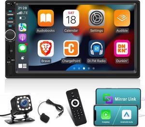 7 inch Double Din CarPlay Car Stereo with Car Play and Android Auto, 7inch Touch Screen Radio with Mirror Link/SWC/Bluetooth/FM Radio + Reverse Camera+ Remote Control
