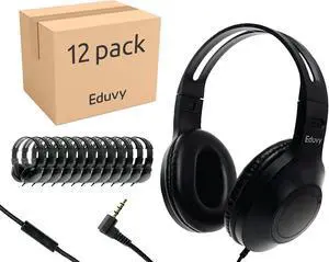 Eduvy Bulk Headphones for Classroom with Microphone, Heavy-Duty School Pack Wired Headphones for Students. Teacher Must Haves Supplies from Elementary to College (12 Pack Black)