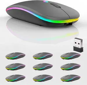 10 Pack Wireless Bluetooth Mouse,LED Dual Mode Rechargeable Silent Slim Laptop Mouse,Portable(BT5.2+USB Receiver) Dual Mode Computer Mice,for Laptop,Desktop Computer,Tablet,Phone,TV (Grey)