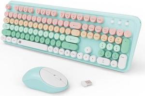 Keyboard and Mouse Wireless,2.4Ghz Retro Typewriter Style Round Keycap,Full Size Wireless Keyboard Mouse Combo,Cute Cordless Keyboard Mouse Set for PC Laptop Desktop Computer-Green White Pink Colorful