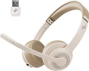 JIAMQISHI Wireless Headset with AI Noise Cancelling Microphone Bluetooth Headset - Bluetooth V5.2 Headphones with USB Dongle & Mic Mute for Computer/Laptop/PC/iPhone/Android/Cell Phones (White)