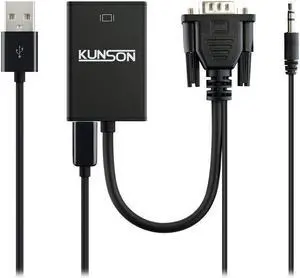 KUNSON VGA to HDMI Audio USB Conversion Cable, Slim Design, No Power Adapter Required, Supports Plug and Play, Suitable for Most Electronic Devices