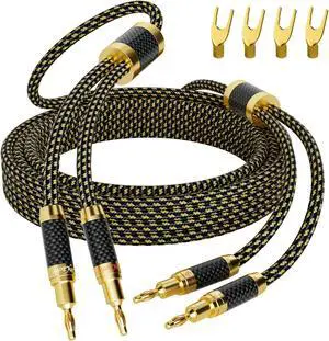 Mygatti Hi-Fi Speaker Cable 15 Feet, with Banana Plugs and Convertible Gold Plated Y Spade Connectors, (Silver Plated Copper Wire, 16AWG, Multiple Shield, Nylon Braided), for HiFi Sound, Audiophiles