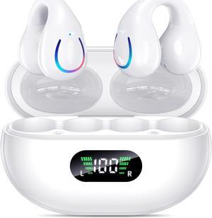 Open Ear Clip Wireless Earbuds Bluetooth 5.3, Sports Earphones Built-in Microphone with Earhooks & Ear Hook, Wireless Charging Case & Display, Waterproof Fitness Headphones for Running