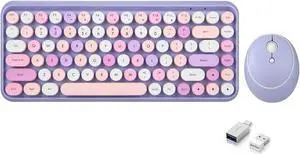 Perixx PERIDUO-713PP Wireless Mini Keyboard and Mouse Combo - Retro Round Key Caps - Pastel Purple - US English Layout (PD-713PPUS-11953)