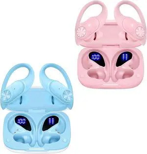 2 Sets Bluetooth Headphones Wireless Earbuds 80hrs Playtime Wireless Charging Case Sports Ear buds with Earhook Premium Deep Bass IPX7 Waterproof Over-Ear Earphones for TV Phone Laptop Pink and Blue