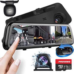 PRUVEEO 2K Mirror Dash Cam 3 Channel,Rear View Mirror Camera,Dash cam Front and Rear Inside,12'' Full Touch Screen, IR Night Vision(Sony Sensor),GPS,Parking Assistance, G-Sensor,Free128GB Card