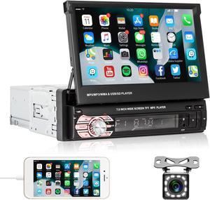 Car Stereo Single Din Electric Flip Out Car Radio with Bluetooth, Rimoody 7 Inch Touchscreen Mirror Link FM Radio AUX- in USB SD TF Card Input EQ Setting MP5 Player + Backup Camera