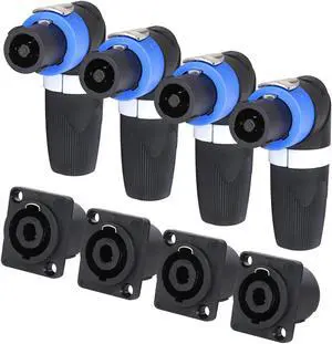 Sonoreboom 4 Sets Pro Right Angle Speakon Connector Kit - 4pcs L Shape 4 Pole NL4FRX Twist Lock Adapter Connectors and NL4MP Speak-on Panel Mount Sockets - for Stage, DJ, PA, Home Theater