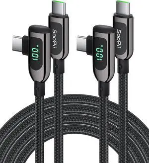 SOOPII 100W Right Angle USB C to USB C Cable,2Pack 6.6FT Zinc Alloy Braided Type-C Cable with LED Display for iPhone 16/15, lPad Air/Pro,MacBook Pro,Samsung S23/S22/S10,Pixel,LG(6.6FT,Black)