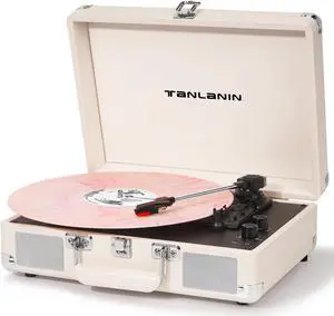 Record Player with Enhanced Speakers 3-Speed Bluetooth Suitcase Portable Vinyl Record Player Treble & Bass Control Belt Drive Vinyl Vintage Turntable AUX Line-in/Out, Creamy