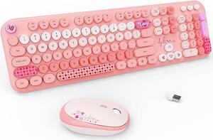 Wireless Keyboard and Mouse Combo, 104 Round Keys Full-Size Cute Colorful Pink Cordless Keyboard and Mouse with Retro Typewriter for PC/Mac/Laptop/Tablet/Computer/Windows Pink