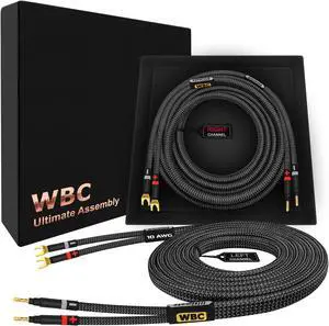 WORLDS BEST CABLES 20 Foot Ultimate - 10 AWG - Ultra-Pure OFC - Premium Audiophile HiFi Speaker Cable Pair with Eminence Gold Banana (x2) & Spade (x2) Plugs & Carbon Tweed Jacket