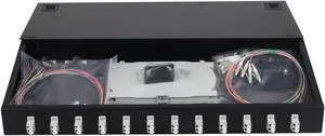 Xunsomten-12 Duplex Mutil Mode 24 Port LC-OM2 Rack Mount Enclosure Box + Splice Trays Fiber Cables LC-UPC Kit, 24 Core LGX Patch Panel Box fits for 19" Racks Cabinet (Include Pigtail & Couplers)