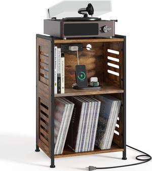 Y&M Record Player Stand, Vinyl Turntable Stand with Charging Station and USB Port, Record Display Table with Storage Cabinet, Turntable Holder, End Table, Nightstand for Bedroom, Living Room, Brown