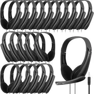 Yunsailing 20 Pack Bulk Classroom Headphones with Microphone Students Kids Wired School Class Set Headphones for School Library Computer Office Adults 3.5 Jack Universal Plug(Black)