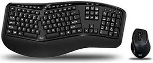 Adesso WKB-1500GB - Wireless Ergonomic Desktop Keyboard and Laser Mouse with Split Keys Design and Palm Rest for Comfort, Long Battery Life, Nano Receiver - Compatible for PC & Windows XP/7/8/10,Black