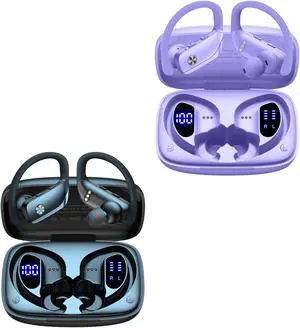bmani 2 Sets Wireless Earbuds Bluetooth Headphones 48hrs Play Back Sport Earphones with LED Display Over-Ear Buds with Earhooks Built-in Mic Headset for Workout Black + Puple