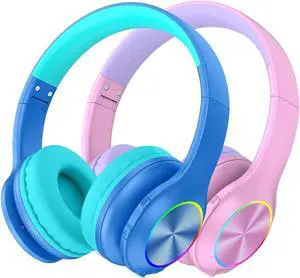 2024 Bluetcooth Kids Headphones Fit for Aged 3-21, Colorful LED Lights Comfort Wireless Headphones with Microphone 94dB Volume Limited for School/iPad/PC/TV/Cellphones, Wired & TF Card Mode, Blue,Pink