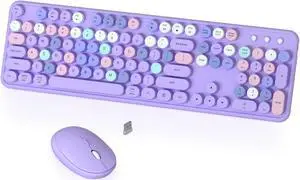 Colorful Wireless Keyboard and Mouse Combo, COVEVA 2.4GHz Wireless Retro Cute Round Keycaps Keyboard, 104 Keys Full-Sized Keyboard Mouse Set with Switch Button for PC Laptop Desktop (Purple Colorful)