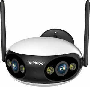 Reidubo WIFI Security Camera Outdoor, PoE Camera with Dual-Lens 180° Ultra-Wide View, 4MP Color Night Vision, 2-Way Audio, IP66 Waterproof, Sound & Light Alarm, Compatible with Alexa & Google Home