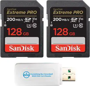 SanDisk 128GB SD Extreme Pro Memory Card (Two Pack) Works with Nikon D3500, D7500, D5600 Digital DSLR Camera (SDSDXXD-128G-GN4IN) Bundle with (1) Everything But Stromboli MicroSDXC & SD Card Reader