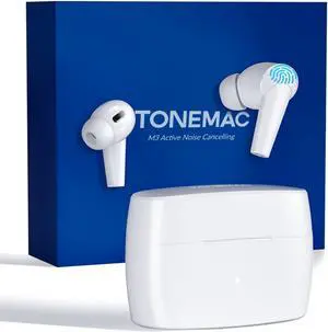TONEMAC M3 Wireless Earbuds Noise Cancelling, Bluetooth Earphones Active Noise Cancellation,4 ENC Mic,30 Hours Playtime,Deep Bass, in-Ear Headphones Compatible with iOS/Android/PC, White