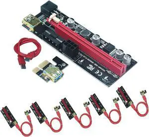 MOUO-KERMA PCIE Riser 1X to 16X LED Graphics Card Extension GPU Risers Mining Powered PCI-E Cable - 6PIN SATA Power Cable, 4 Solid Capacitors, 3.0 USB Cable (VER009S) 6 Pack