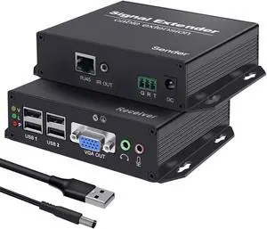 Torileaf VGA KVM Extender Over Cat5e/6/7 [394FT/120M] | 4 USB2.0 Ports for Printer/Mouse/Webcam | 1080p@60Hz Zero Delay | IR/RS232/Audio Control | Plug & Play