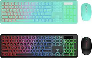 2 Pack Wireless Keyboard and Mouse Combo - RGB Backlit, Rechargeable & Light Up Letters, Ergonomic Tilt Angle, Full-Size, Sleep Mode, 2.4GHz Quiet Keyboard Mouse for Windows, Laptop, PC, Trueque