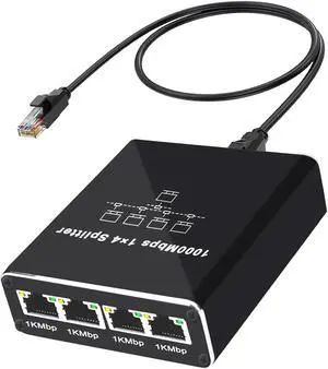Gigabit Ethernet Splitter 1 to 4 High Speed 1000Mbps, RJ45 Splitter 1 in 4 Out Network Internet Distributor with USB Power Cable, 4 Devices Simultaneous Networking Worked with Cat6/7/8 Cable