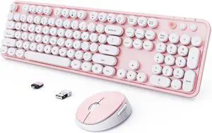 Wireless Keyboard and Mouse Combo, Ergonomic Full Size Typewriter Retro Round Keycaps Keyboard, Compatible with Windows, PC, Perfer for Home and Office Keyboards (Lovely Pink)