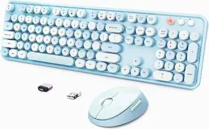 Wireless Keyboard and Mouse Combo, Ergonomic Full Size Typewriter Retro Round Keycaps Keyboard, Compatible with Windows, PC, Perfer for Home and Office Keyboards (Blue