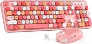 Wireless Keyboard and Mouse Combo, MOWUX Colorful Computer Full Size 2.4G Plug and Play Wireless Typewriter Keyboard and Mouse Set for Windows, Computer, Desktop, PC, Notebook (Pink Colorful)