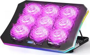 KeiBn Laptop Cooling Pad, Gaming Laptop Fan Cooling Pad with 9 Quiet Fans, RGB Laptop Cooler for 15.6-17.3 Inch, Cooling Pad for Laptop with 7 Height Stands, 2 USB Ports, Phone Stand-Purple