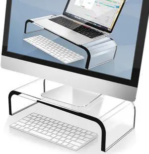 AboveTEK Acrylic Monitor Stand  Clear Monitor Riser & Computer Desk Stand, Premium Acrylic Laptop Stand for Home Office, PC TV Stand with Keyboard Storage Heavy Duty Desk Riser