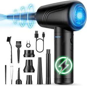BANKKY 11-in-1 Compressed Air Duster, 3-Gear Adjustable 120000 RPM Electric Air Duster with LED Light, Reusable no Canned Keyboard Cleaner for Office, 9000mAh Cordless Air Duster for Computer/Car