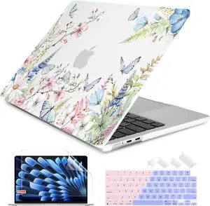 Batianda Premium Case for New MacBook Air 15 inch 2025 M4 2024 2023 with M3 M2 Chip, Designed Protective Plastic Hardshell & Keyboard Cover & Screen Protector, Butterfly and Flower