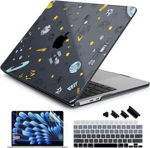Batianda Premium Case for New MacBook Air 15 inch 2025 2024 2023 with M4 M3 M2 Chip, Designed Protective Plastic Black Hardshell & Keyboard Cover & Screen Protector, Hand Drawn Space