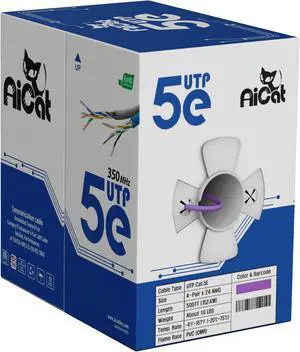 AiCat Cat 5e Ethernet Cable 500ft Riser CMR PoE++(4PPoE) - Insulated Solid Bare Copper Wire Cat5e Cable with FastReel, 24 AWG, ETL & UL Listed 350MHZ/Gigabit Speed, Unshielded UTP Network Cable-Purple